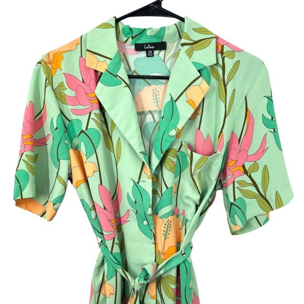 Lulus XS Tropical Floral Mini Shirt Dress Green Pink Orange Button Front Vacay - Picture 2 of 7